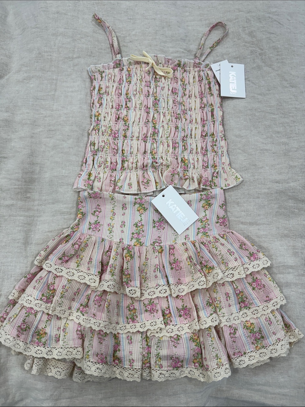 Kate Mack Pink Floral Ruffle Dress with Lace Trim